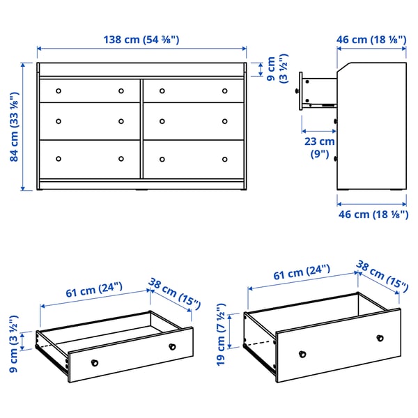 HAUGA Chest of 6 drawers, white, 138x46x84 cm