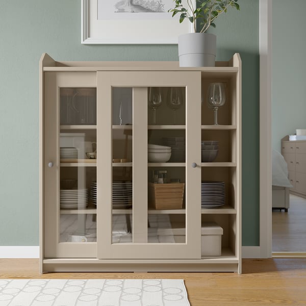 HAUGA Glass-door cabinet, beige, 105x116 cm