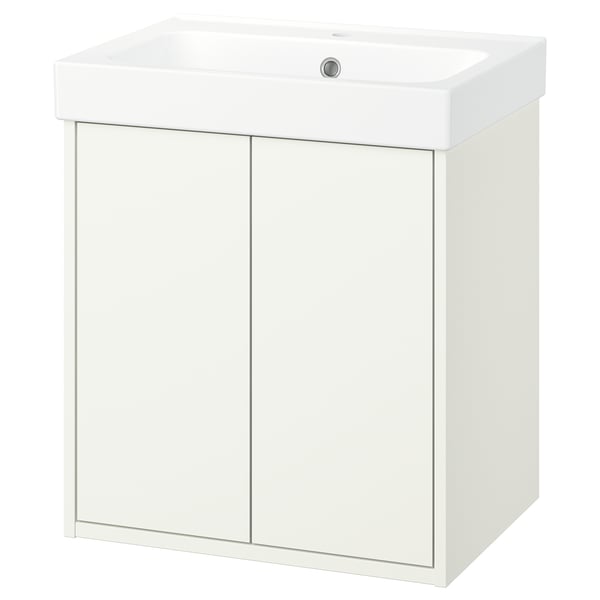 HAVBÄCK bathroom vanity, white. Modern design with two doors, rectangular sink.