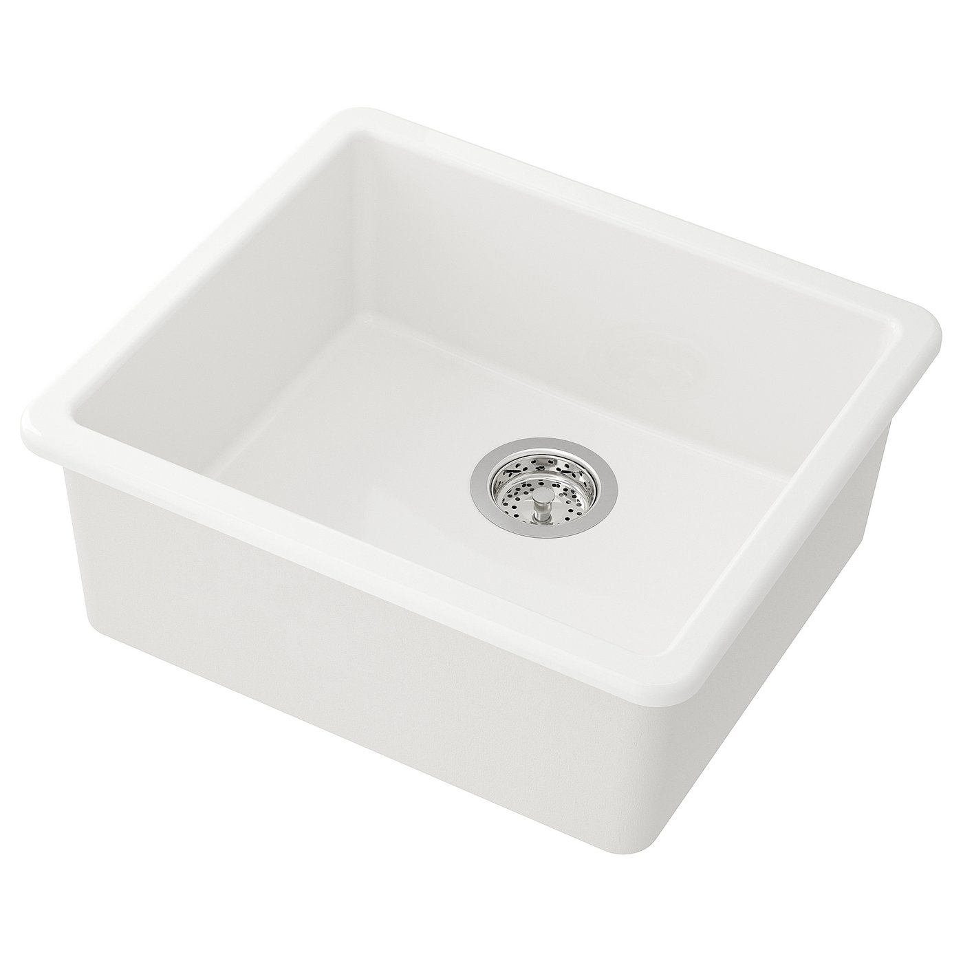 A pristine white HAVSEN kitchen sink with rounded corners and a central drain, made of ceramic.