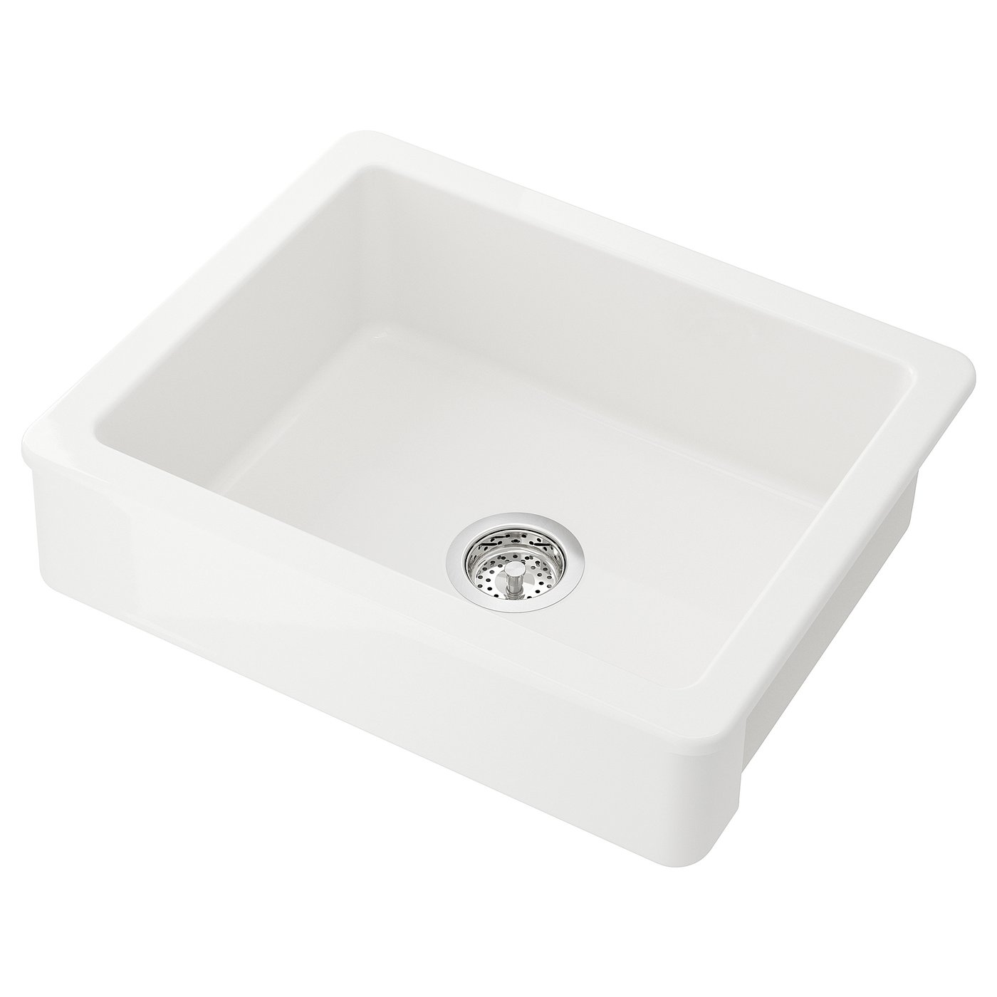 White ceramic HAVSEN sink, rectangular with rounded corners, one visible front, and stainless steel strainer.