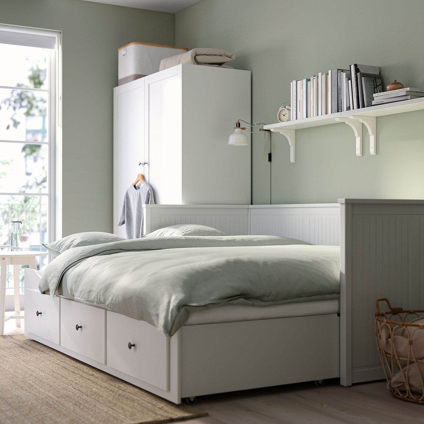 HEMNES day-bed w 3 drawers/2 mattresses, white/Ånnfjället super