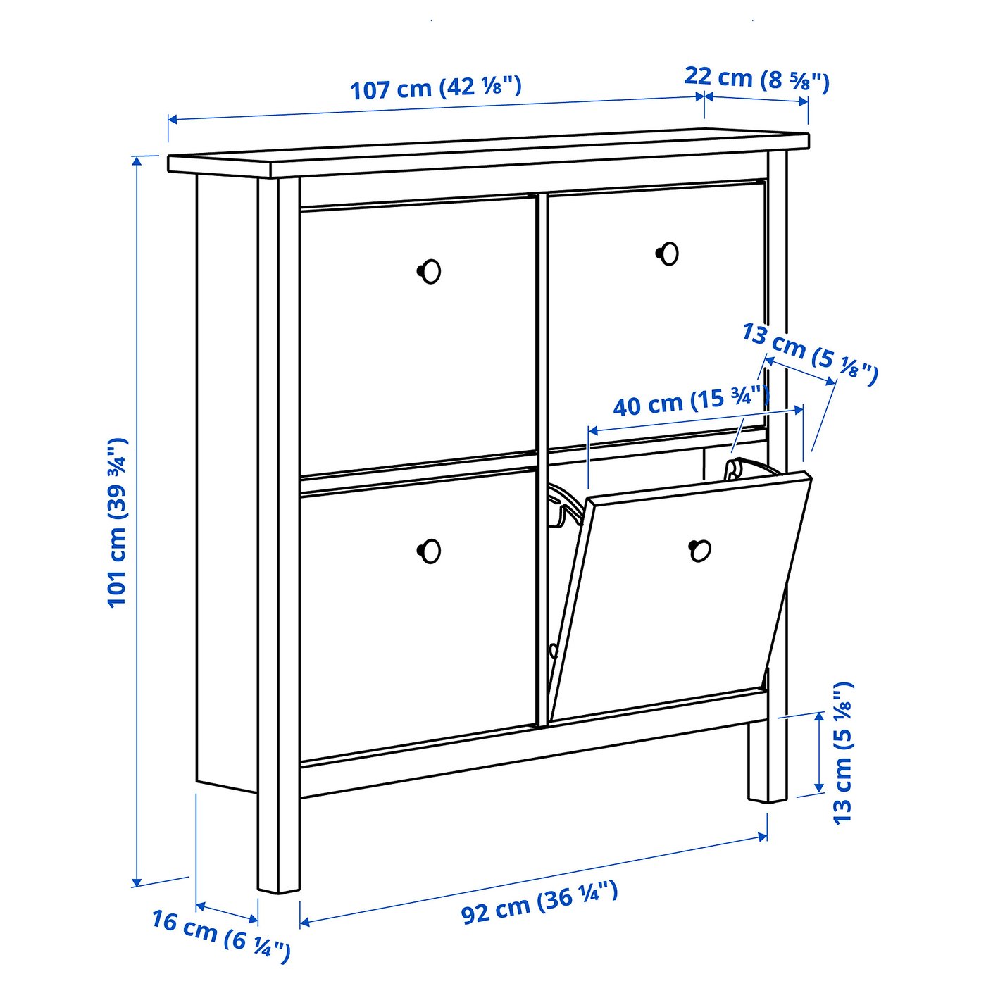 HEMNES shoe cabinet with 4 compartments, white, 107x22x101