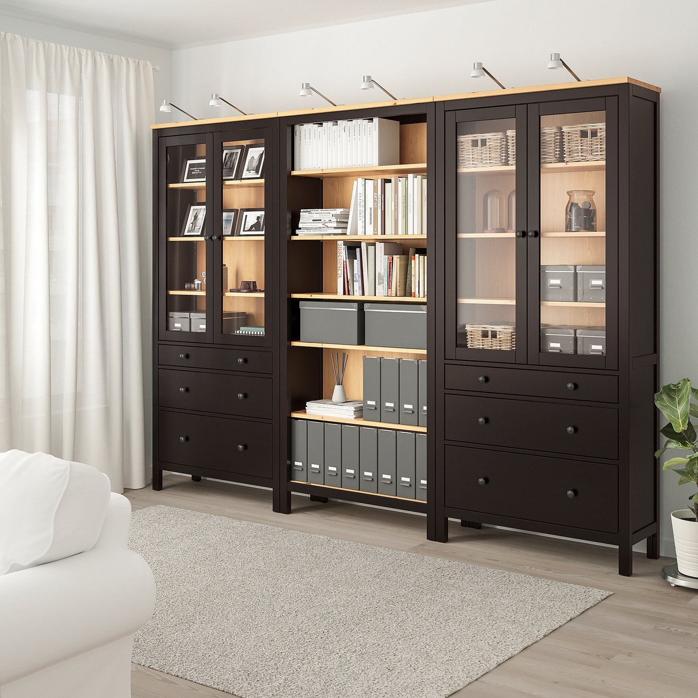 HEMNES storage combination w doors/drawers, black-brown/light