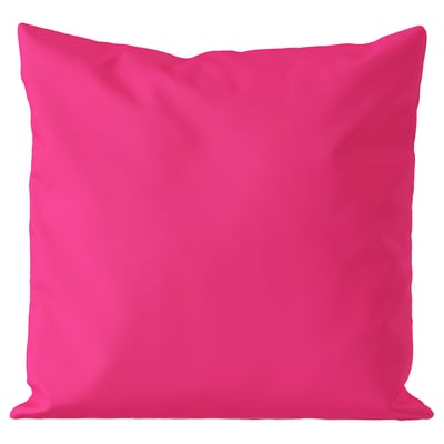 Bright pink square cushion, outdoor/indoor use, soft fabric, simple design.