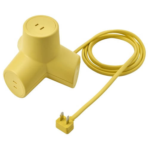 A yellow HORNFELS 4-way extension cord. It a playful, triangular shape with multiple outlets and a coiled power cord.