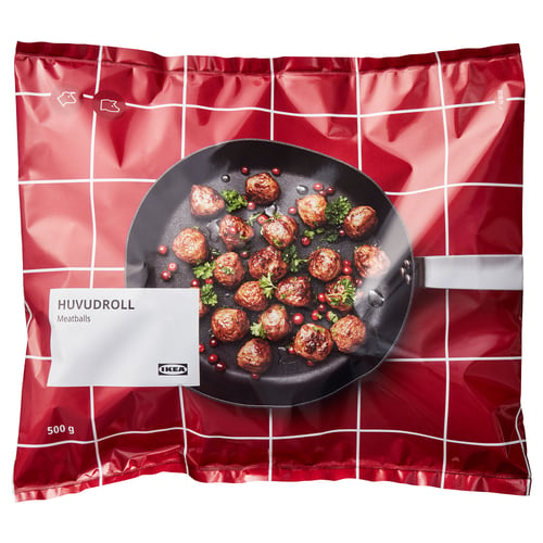 IKEAs HUVUDROLL meatballs, shown in packaging, 500g bag. Cooked meatballs in a frying pan with herbs on red background.