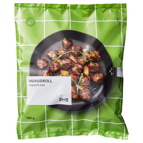 Packaged food item: HUVUDROLL vegetable balls, 500g. Bagged, ready-to-cook vegan meatballs.