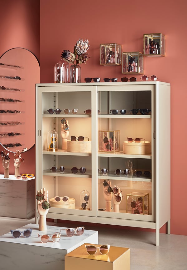 IDÅSEN Cabinet with sliding glass doors, beige, 120x140 cm