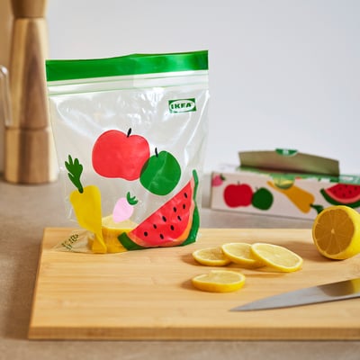 IKEA ISTAD clear zip bag, featuring colourful fruit designs. Made from pe plastic.