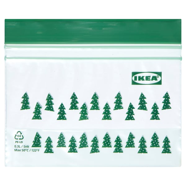 IKEA ISTAD green resealable bag, triangular pattern, transparent, plastic, used for food or small items.