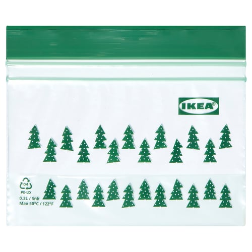 IKEA ISTAD green resealable bag, triangular pattern, transparent, plastic, used for food or small items.