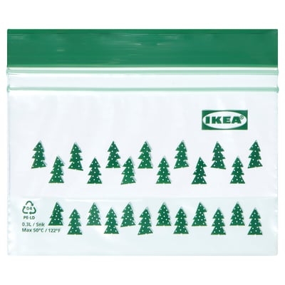 IKEA ISTAD green resealable bag, triangular pattern, transparent, plastic, used for food or small items.
