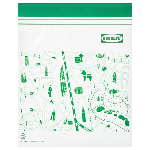 IKEA ISTAD bag, green, transparent with white design, polyethylene, resealable, for storage organisation.