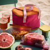 Pink and orange cooler bag with snacks and drinks on turquoise table.