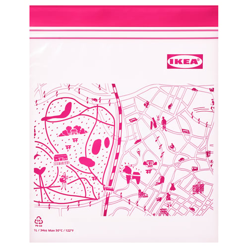IKEA reusable red storage bag, transparent, hand-washable, resealable, contains city map design, suitable for organising kitchen and household items.