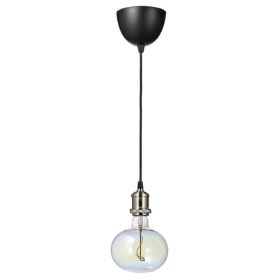 A JÄLLBY pendant lamp with a black ceiling cup, nickel-plated socket, and a multicoloured led bulb resembling a soap bubble.