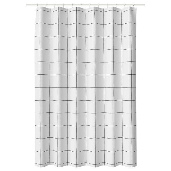 JÄMTSTARR Shower curtain, white/check, 180x200 cm