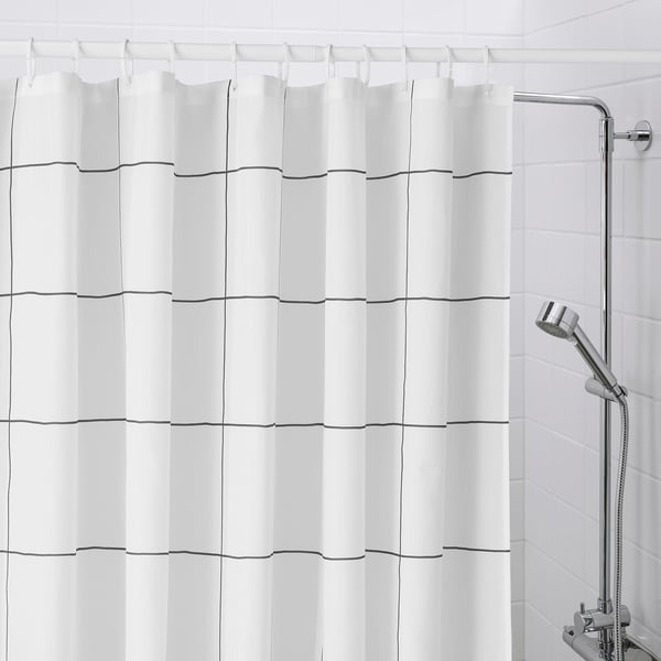 JÄMTSTARR Shower curtain, white/check, 180x200 cm
