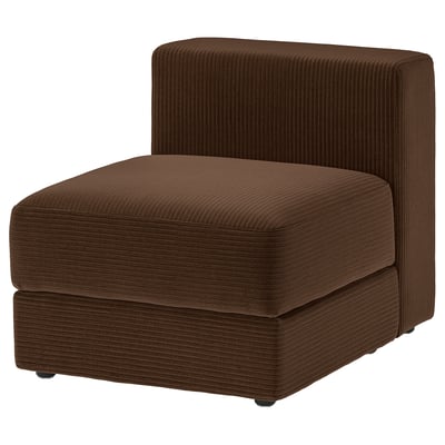 Brown, l-shaped, modern sofa with striped corduroy fabric.