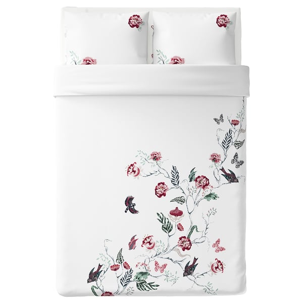 JÄTTELILJA Duvet cover and 2 pillowcases, white/floral patterned, 200x200/50x60 cm
