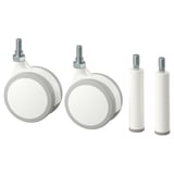Four white round casters and two threaded rods. One caster has steel bolt. Used for furniture.
