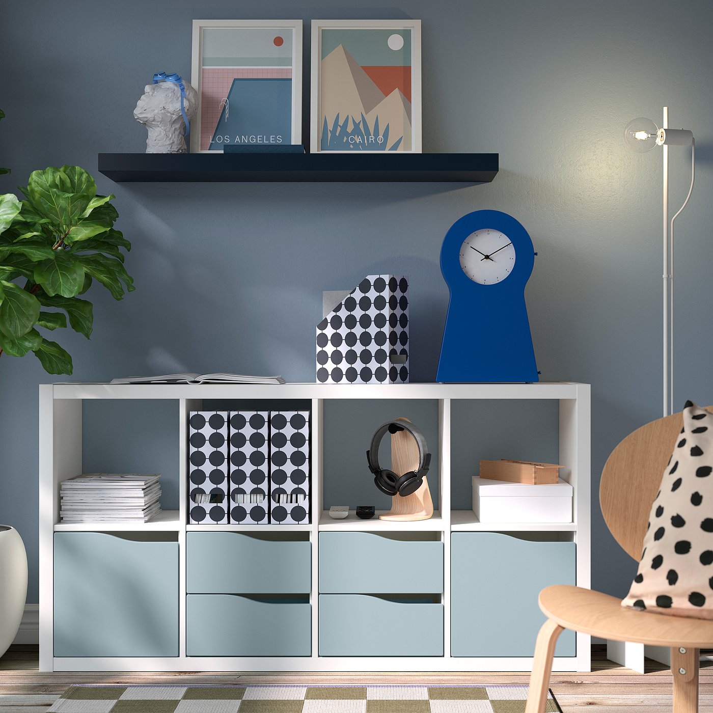 KALLAX shelving unit, with 2 doors/4 drawers white/light grey-blue