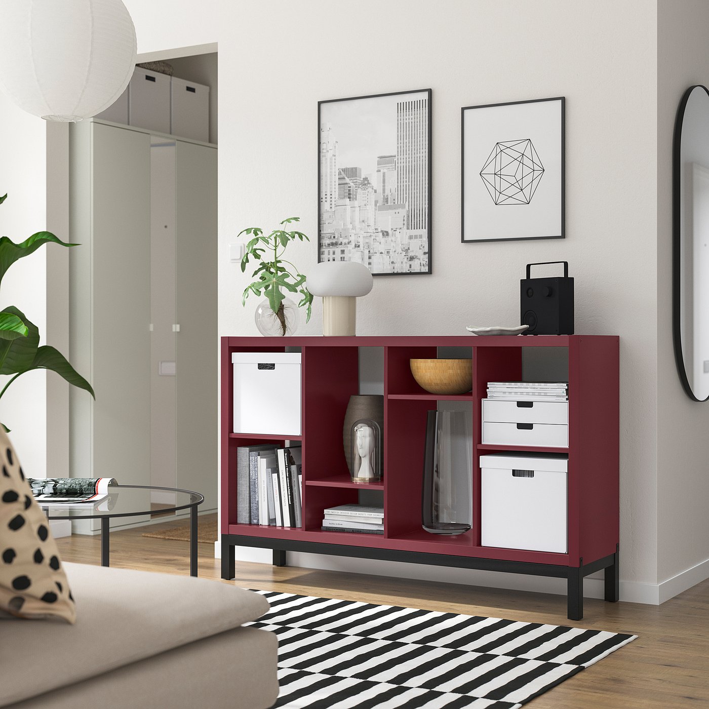 KALLAX shelving unit with underframe, brown-red/black, 147x39x94