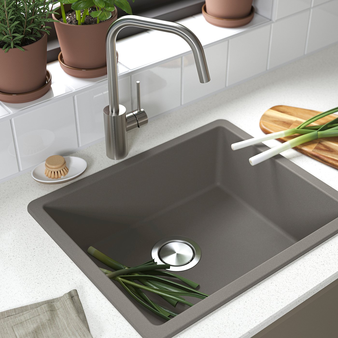 KILSVIKEN inset sink, 1 bowl, grey-beige quartz composite, 56x46