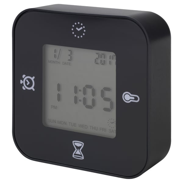 KLOCKIS Clock/thermometer/alarm/timer, black, 7x7 cm