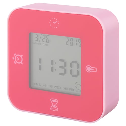 Red KLOCKIS clock displaying time and date, square shape, digital display, flip-side functionality.