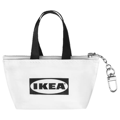 Ikea KNÖLIG small white keychain bag, black handles, zipper closure, metal keychain ring.