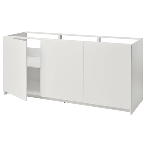 A white KNOXHULT modular kitchen unit, including cabinets with adjustable hinges and adjustable feet.