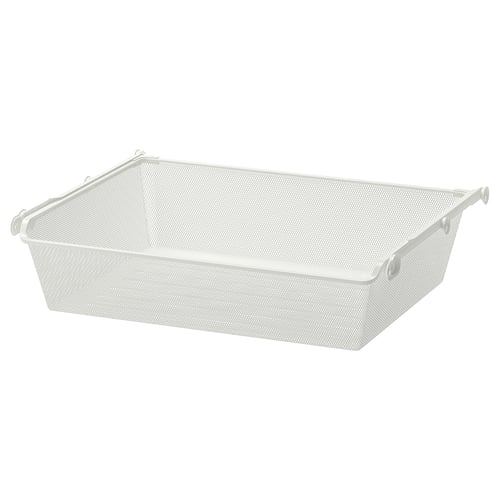 A white KOMPLEMENT mesh storage basket. Its rectangular, made of steel with an epoxy coating, featuring a pull-out rail and wheels for easy access.