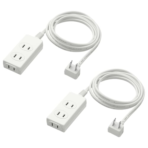 Two KOPPLA white extension cords, each with three additional sockets, coiled neatly, connecting devices to multiple power sources.