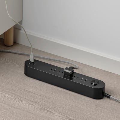 KOPPLA 5-way socket with 2 USB ports, black/white/textile, 3.0 m