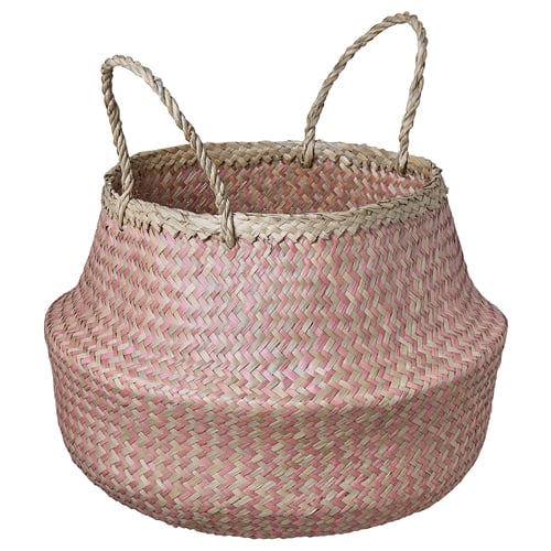 KRALLIG woven basket, handcrafted in pink & beige sedge, round shape with two twisted handles, versatile for storage or display.
