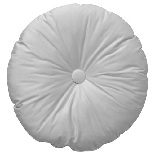 Circular grey KRANSBORRE cushion with velvet finish and middle button, made from recycled polyester.