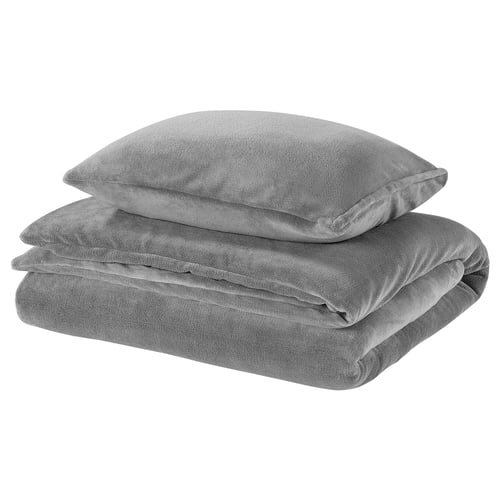 KRANSSALVIA grey fleece bedding set, includes duvet cover and pillowcases, soft, warm, recycled polyester.