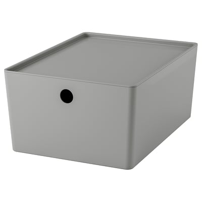 KUGGIS Box with lid, light grey, 26x35x15 cm