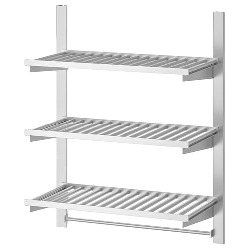 KUNGSFORS wall mount storage, silver steel with three shelves and a rail.