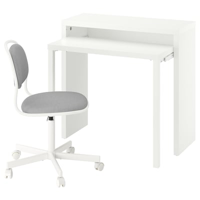 White LÄNGDHOPP pull-out desk with small rolling chair.