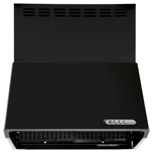 Black range hood with digital display and control panel, sleek design with vented top.