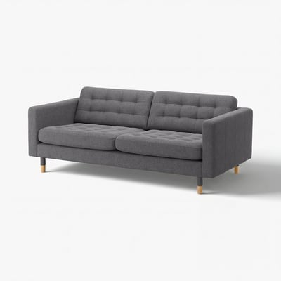 Grey 3-seat sofa with tufted design, wooden legs, and modern style.