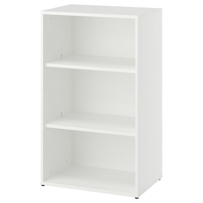 A white platsa LASTARE bookshelf with three open compartments, adjustable feet, and a minimalist design.