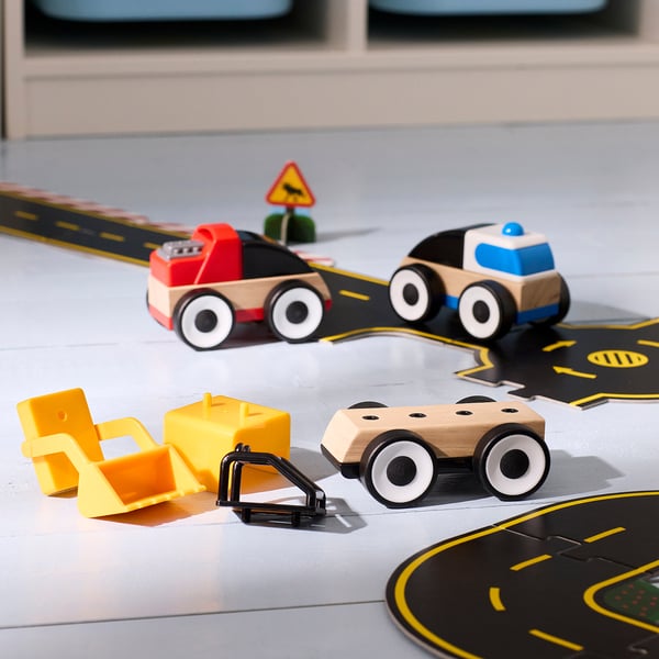 LILLABO 3-piece vehicle set, excavator police car/race car multicolour