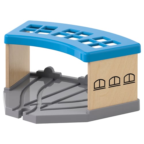 LILLABO blue toy train station. Made of birch plywood, plastic. Grey tracks, arches. Corner design.