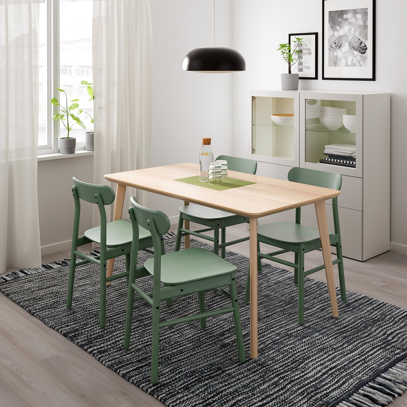 LISABO / RÖNNINGE table and 4 chairs, ash veneer/green, 140x78 cm