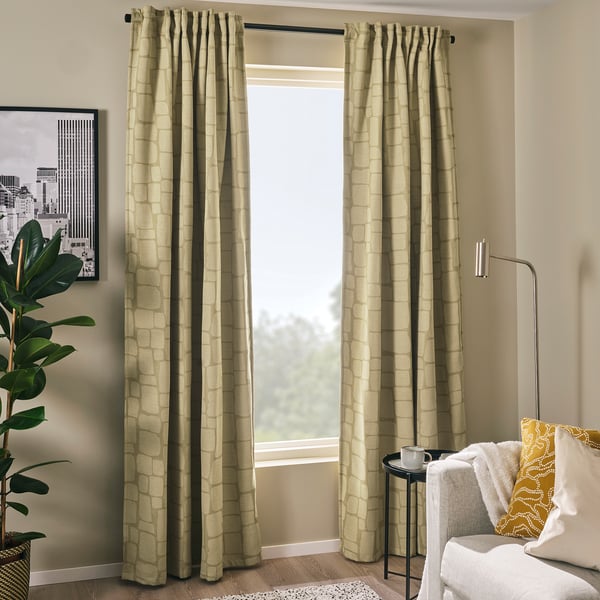 LÖNNSTÄVMAL Block-out curtains, 1 pair, light olive-green/with heading tape, 145x250 cm