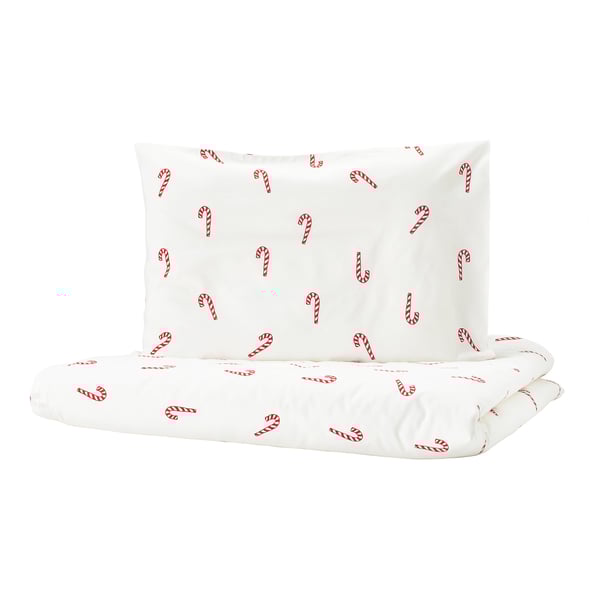 LÖVSÅNGARE Duvet cover 1 pillowcase for cot, candy cane pattern, 110x125/35x55 cm